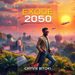 A stunning science fiction book cover design for "Exode 2050: l'Afrique entre Hommes et Machines" by Chyvie BITOKI