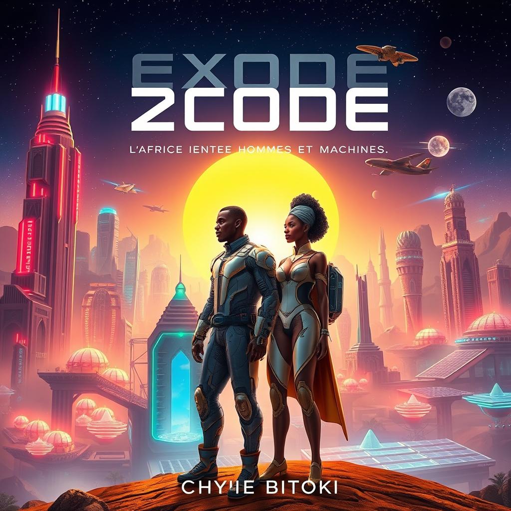 An updated captivating science fiction book cover design for "Exode 2050: l'Afrique entre Hommes et Machines" by Chyvie BITOKI