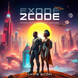 An updated captivating science fiction book cover design for "Exode 2050: l'Afrique entre Hommes et Machines" by Chyvie BITOKI