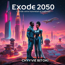 An updated captivating science fiction book cover design for "Exode 2050: l'Afrique entre Hommes et Machines" by Chyvie BITOKI