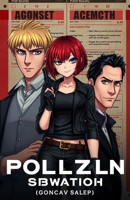 A visually captivating cover featuring three characters: a tall blonde man with blue eyes, a shorter man with black hair and brown eyes dressed in black, and an adventurous female character standing between them