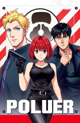 A visually captivating cover featuring three characters: a tall blonde man with blue eyes, a shorter man with black hair and brown eyes dressed in black, and an adventurous female character standing between them