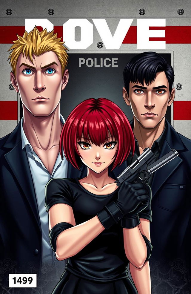 A visually captivating cover featuring three characters: a tall blonde man with blue eyes, a shorter man with black hair and brown eyes dressed in black, and an adventurous female character standing between them