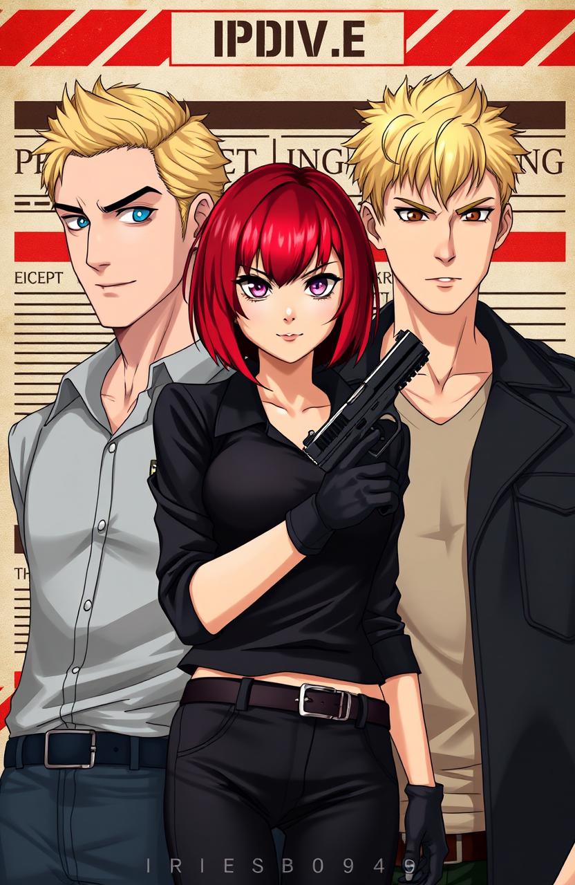 A visually captivating cover featuring three characters: a tall blonde man with blue eyes, a shorter man with black hair and brown eyes dressed in black, and an adventurous female character standing between them