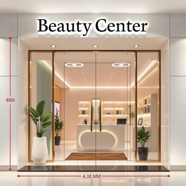 A modern beauty salon exterior, featuring a stylish storefront with glass doors, illuminated signage that reads 'NESS BEAUTY PLACE'