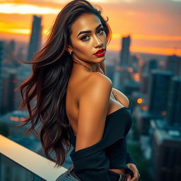 A stunning, sexy girl with an alluring expression, posing confidently in a fashionable outfit