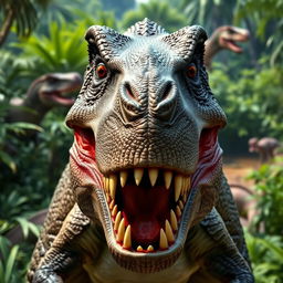 A dynamic, frontal view of a fierce T-Rex dinosaur with its mouth wide open, showcasing sharp teeth and an intimidating expression