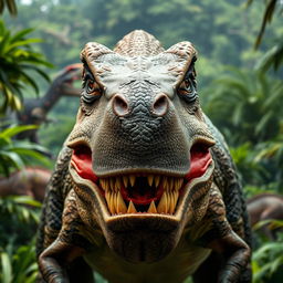 A dynamic, frontal view of a fierce T-Rex dinosaur with its mouth wide open, showcasing sharp teeth and an intimidating expression