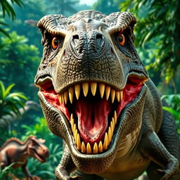 A dynamic, frontal view of a fierce T-Rex dinosaur with its mouth wide open, showcasing sharp teeth and an intimidating expression