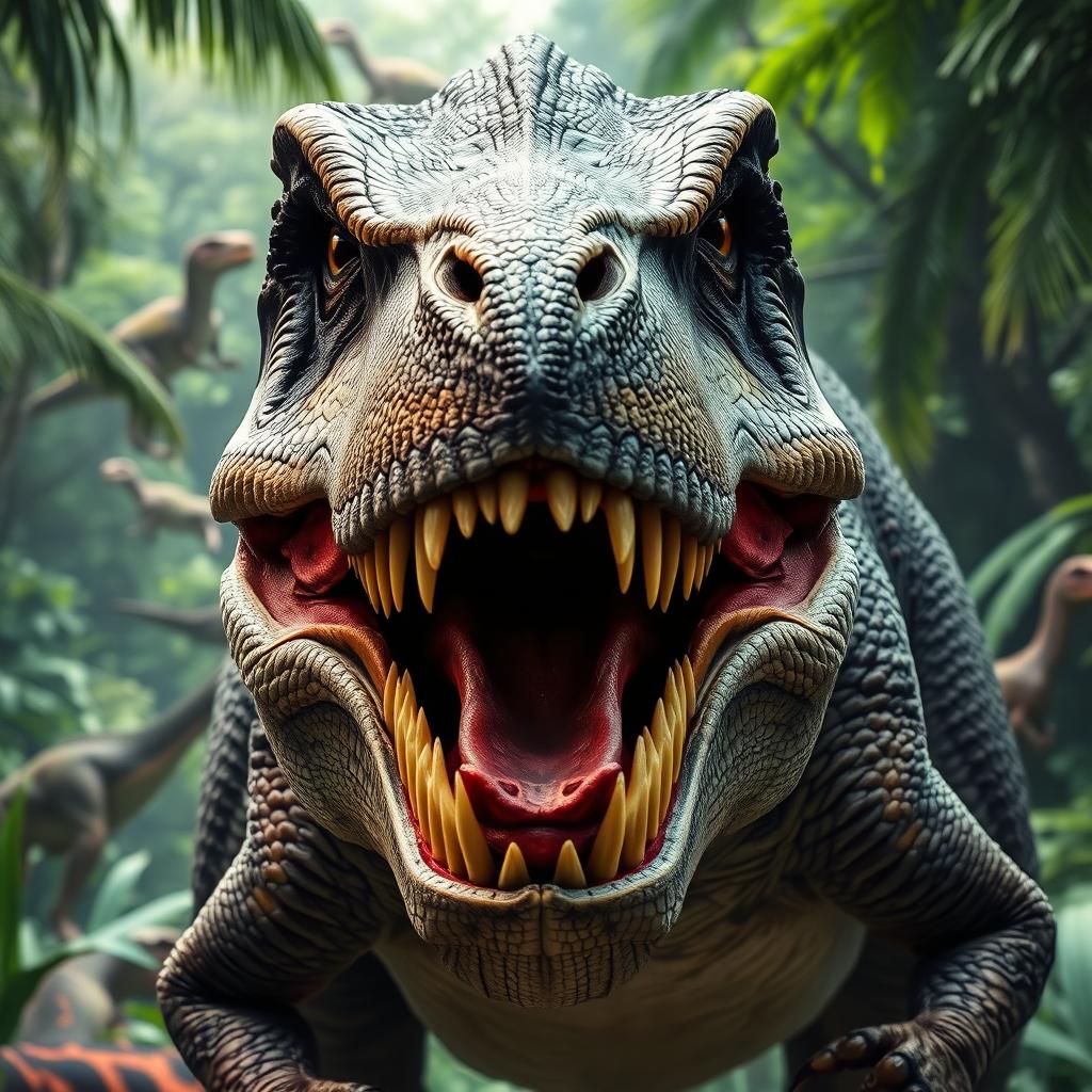 A dynamic, frontal view of a fierce T-Rex dinosaur with its mouth wide open, showcasing sharp teeth and an intimidating expression