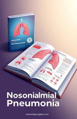 A detailed and educational illustration of a medical textbook open to a page about 'Nosocomial Pneumonia'