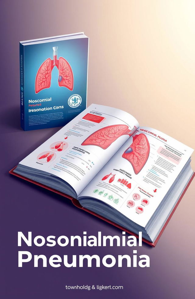 A detailed and educational illustration of a medical textbook open to a page about 'Nosocomial Pneumonia'