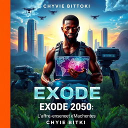 A captivating science fiction book cover for 'Exode 2050: l'Afrique entre Hommes et Machines' by Chyvie BITOKI