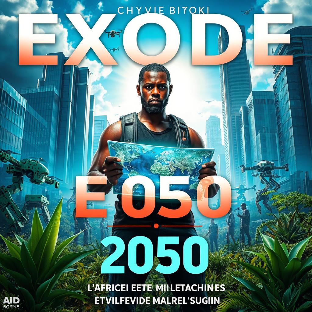 A captivating science fiction book cover for 'Exode 2050: l'Afrique entre Hommes et Machines' by Chyvie BITOKI