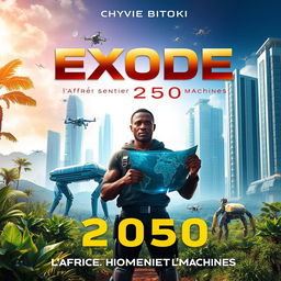 A captivating science fiction book cover for 'Exode 2050: l'Afrique entre Hommes et Machines' by Chyvie BITOKI
