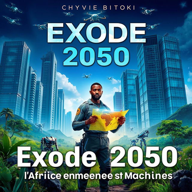 A captivating science fiction book cover for 'Exode 2050: l'Afrique entre Hommes et Machines' by Chyvie BITOKI