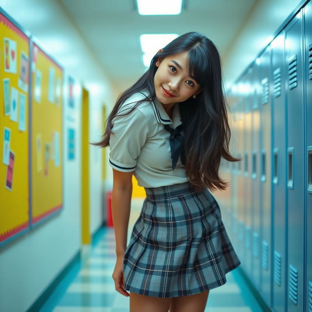 A playful interpretation of a young woman inspired by classic school girl aesthetics, featuring long dark hair, wearing a neat plaid school skirt and a fitted blouse