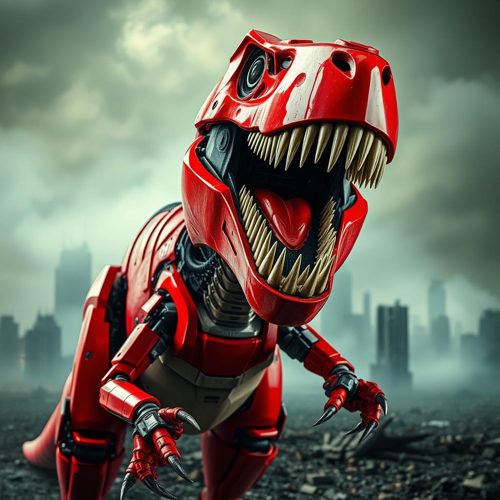 A striking image of a red mechanical dinosaur resembling a T-Rex, with its mouth wide open in a fierce roar