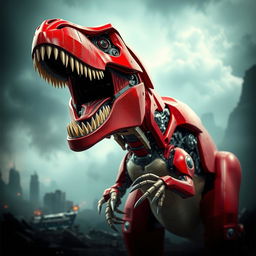 A striking image of a red mechanical dinosaur resembling a T-Rex, with its mouth wide open in a fierce roar