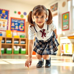 A schoolgirl in a playful and mischievous pose, dressed in a classic school uniform featuring a plaid skirt and a white blouse, playfully leaning over to pick up a dropped pencil
