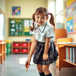 A schoolgirl in a playful and mischievous pose, dressed in a classic school uniform featuring a plaid skirt and a white blouse, playfully leaning over to pick up a dropped pencil