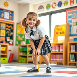 A schoolgirl in a playful and mischievous pose, dressed in a classic school uniform featuring a plaid skirt and a white blouse, playfully leaning over to pick up a dropped pencil