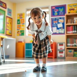 A schoolgirl in a playful and mischievous pose, dressed in a classic school uniform featuring a plaid skirt and a white blouse, playfully leaning over to pick up a dropped pencil