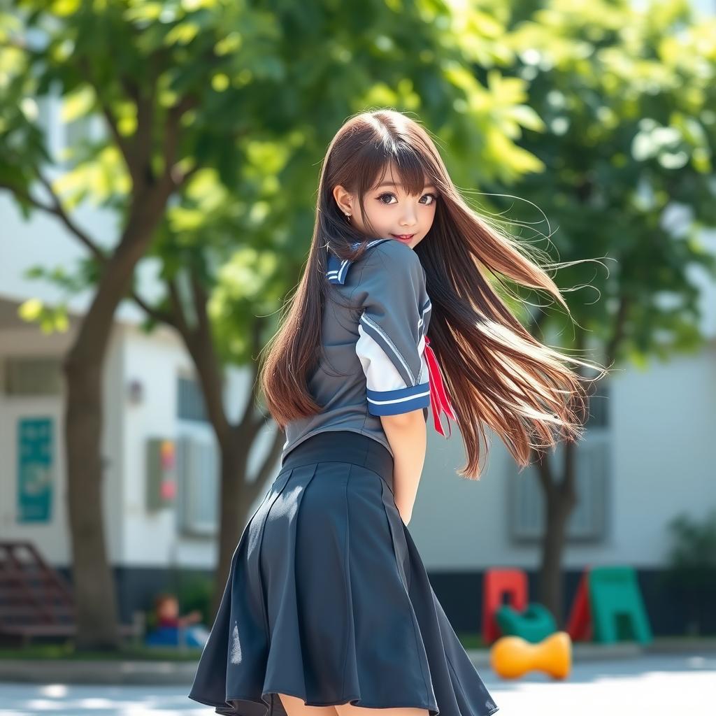 A school girl in a casual uniform with a playful expression, bending over slightly to look back with a smile