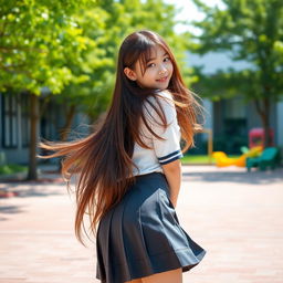 A school girl in a casual uniform with a playful expression, bending over slightly to look back with a smile