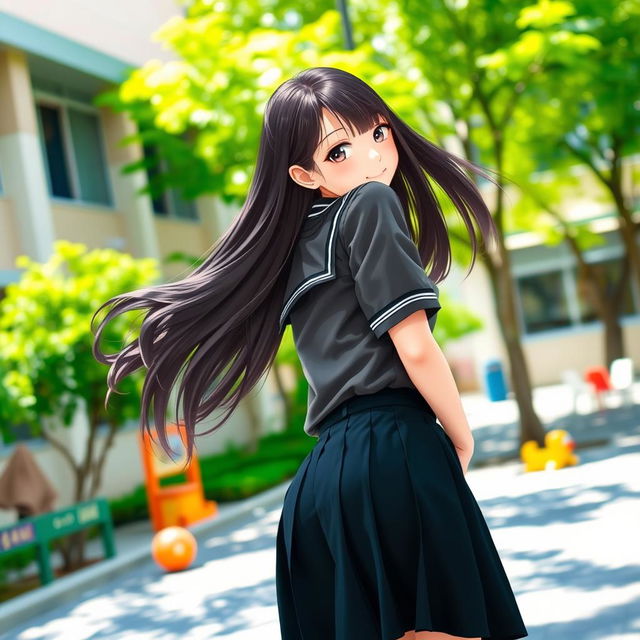 A school girl in a casual uniform with a playful expression, bending over slightly to look back with a smile