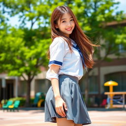 A school girl in a casual uniform with a playful expression, bending over slightly to look back with a smile