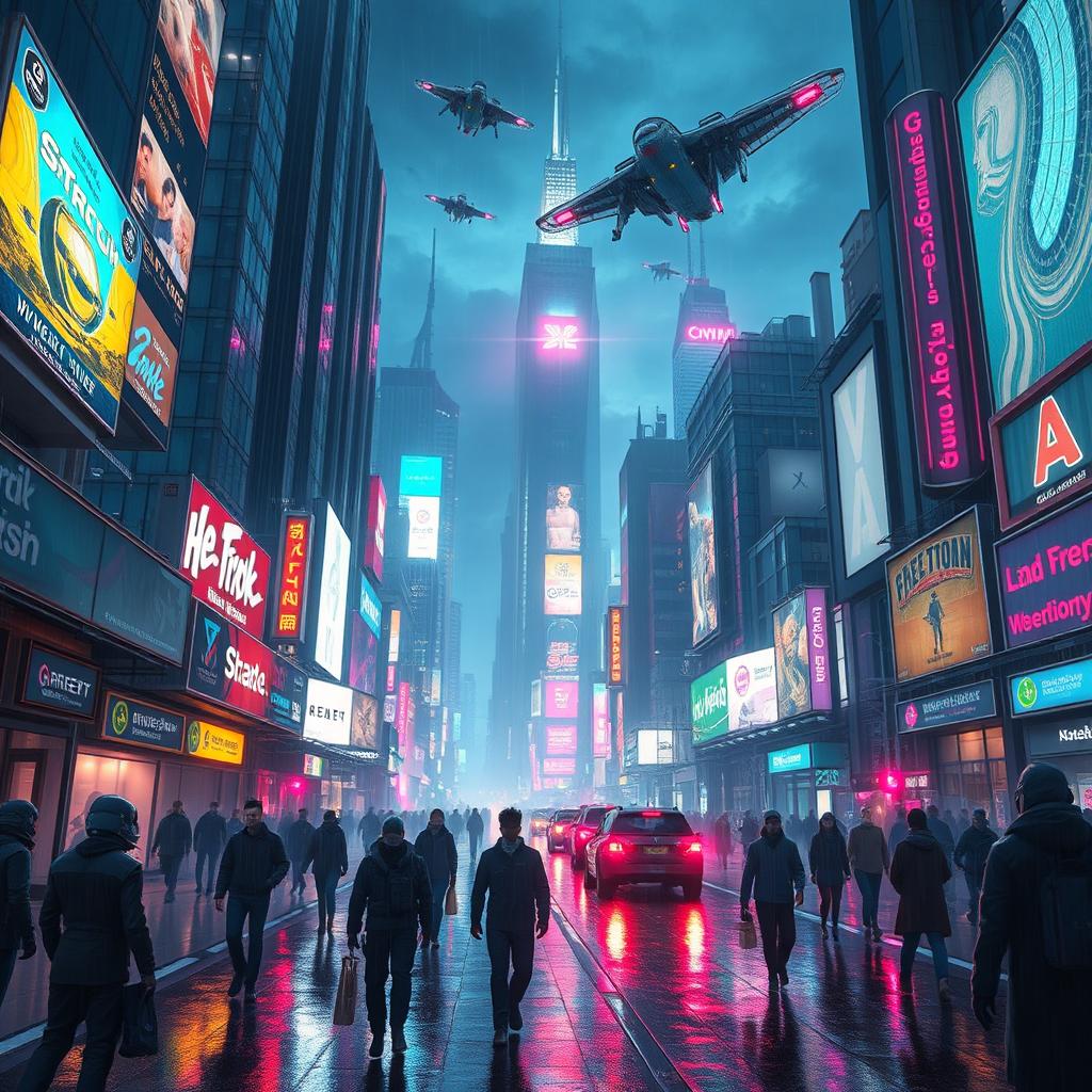 A stunning cyberpunk cityscape at night, filled with vibrant neon lights, towering skyscrapers adorned with digital billboards, and flying vehicles zipping through the sky