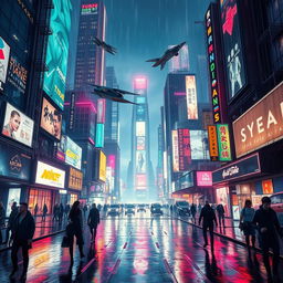 A stunning cyberpunk cityscape at night, filled with vibrant neon lights, towering skyscrapers adorned with digital billboards, and flying vehicles zipping through the sky
