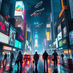 A stunning cyberpunk cityscape at night, filled with vibrant neon lights, towering skyscrapers adorned with digital billboards, and flying vehicles zipping through the sky