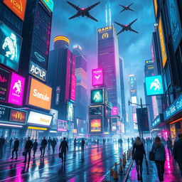 A stunning cyberpunk cityscape at night, filled with vibrant neon lights, towering skyscrapers adorned with digital billboards, and flying vehicles zipping through the sky