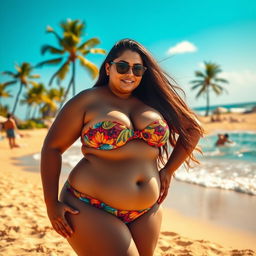 A thick Latina woman with a curvy figure and big ass, confidently posing on a sun-soaked beach