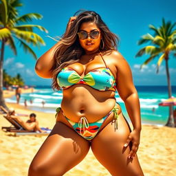 A thick Latina woman with a curvy figure and big ass, confidently posing on a sun-soaked beach