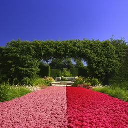 An outdoor setting showcasing a harmonious combination of colors, including a variety of vibrant flowers, lush greenery, and a clear, blue sky.