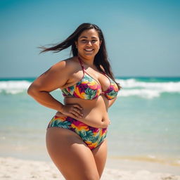 A curvy woman with a prominent figure and a big ass wearing a colorful bikini, posed on a sunny beach with soft sand and gentle waves in the background