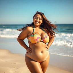 A curvy woman with a prominent figure and a big ass wearing a colorful bikini, posed on a sunny beach with soft sand and gentle waves in the background