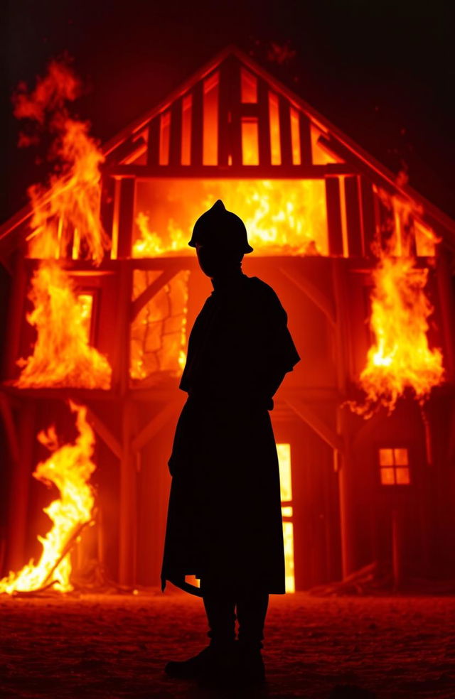 A silhouette of a medieval figure named Hamet, standing about 5'7" to 5'8" tall, dressed in a simple tunic, positioned slightly to the side in front of a large wooden building from the 1300s engulfed in flames