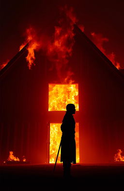 A silhouette of a medieval figure named Hamet, standing about 5'7" to 5'8" tall, dressed in a simple tunic, positioned slightly to the side in front of a large wooden building from the 1300s engulfed in flames