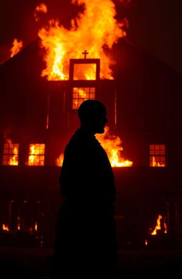 A silhouette of a medieval figure named Hamet, standing about 5'7" to 5'8" tall, dressed in a simple tunic, positioned slightly to the side in front of a large wooden building from the 1300s engulfed in flames