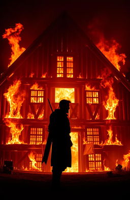 A silhouette of a medieval figure named Hamet, standing about 5'7" to 5'8" tall, dressed in a simple tunic, positioned slightly to the side in front of a large wooden building from the 1300s engulfed in flames
