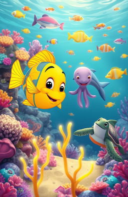 A vibrant underwater scene showcasing a curious cartoon fish, brightly colored with whimsical patterns, befriending various marine animals like a friendly octopus, a cheerful dolphin, and a wise old turtle