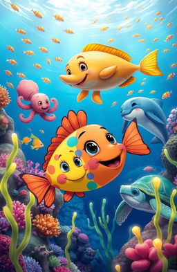 A vibrant underwater scene showcasing a curious cartoon fish, brightly colored with whimsical patterns, befriending various marine animals like a friendly octopus, a cheerful dolphin, and a wise old turtle