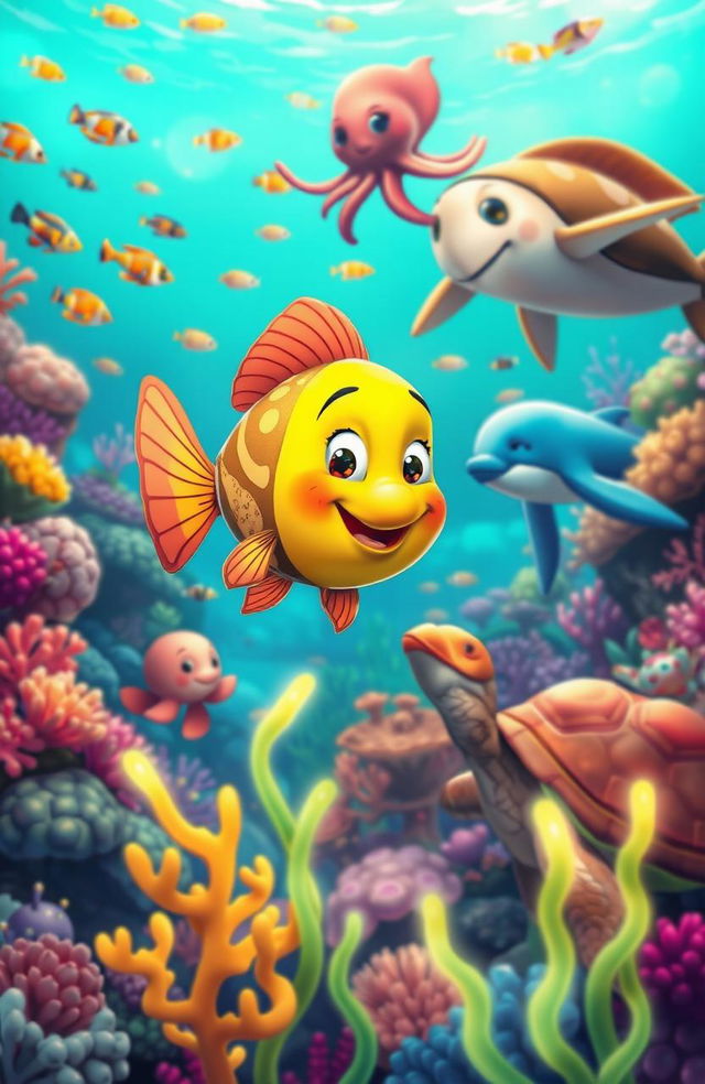 A vibrant underwater scene showcasing a curious cartoon fish, brightly colored with whimsical patterns, befriending various marine animals like a friendly octopus, a cheerful dolphin, and a wise old turtle