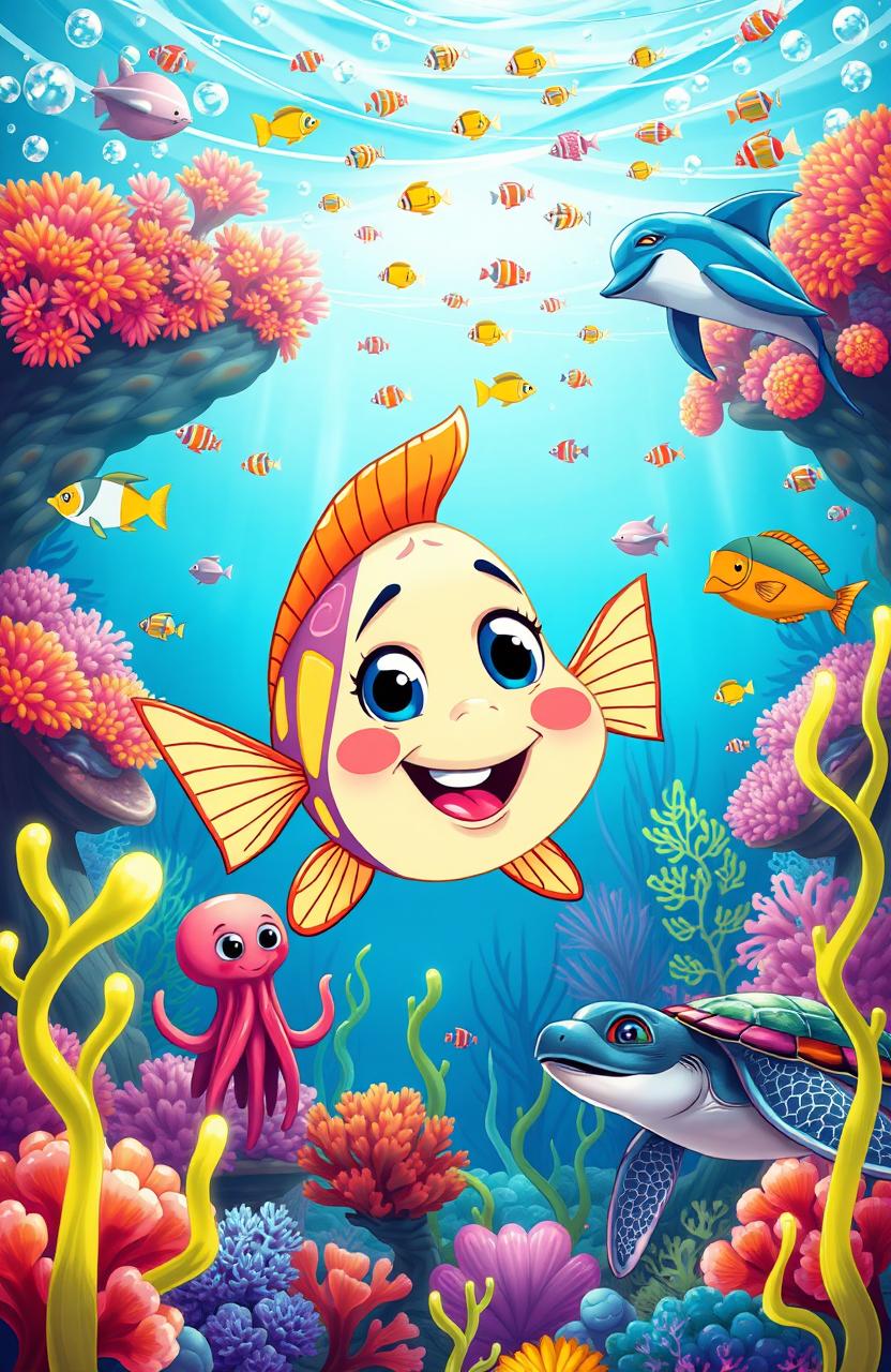 A vibrant underwater scene showcasing a curious cartoon fish, brightly colored with whimsical patterns, befriending various marine animals like a friendly octopus, a cheerful dolphin, and a wise old turtle