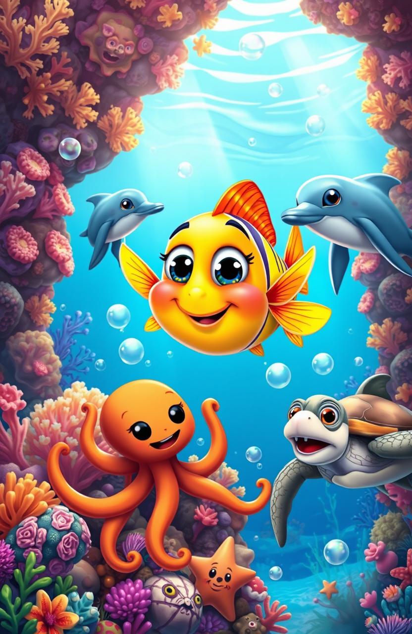 A whimsical underwater scene showcasing a curious cartoon fish with bright colors and large expressive eyes befriending various marine animals