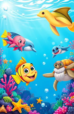 A whimsical underwater scene showcasing a curious cartoon fish with bright colors and large expressive eyes befriending various marine animals